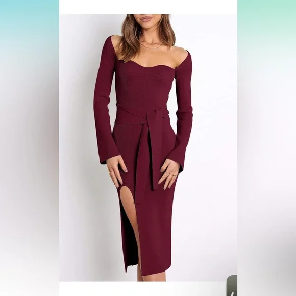 princess polly baby blue dress Lulus Snuggle Chic Burgundy Knit Turtleneck Midi Sweater Dress main image 0